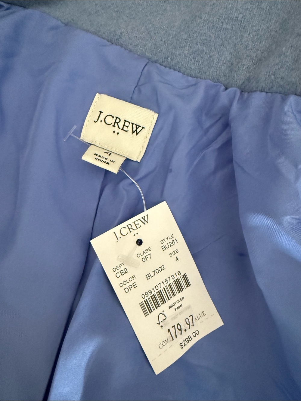 J. Crew Women's Dusty Periwinkle Button Neck Blue City Coat Size 4 New with Tags - Picture 7 of 7